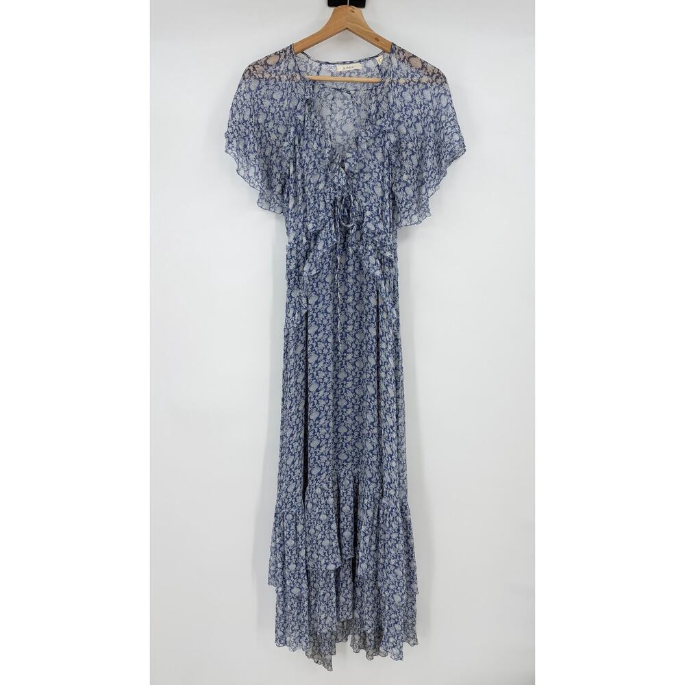 Doen | Antoinette Floral Silk Chiffon Maxi Dress in Porcelain Blue Tea Floral XS - Picture 4 of 16